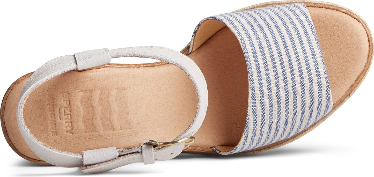 A sandal with an ankle strap and a blue and white striped upper.