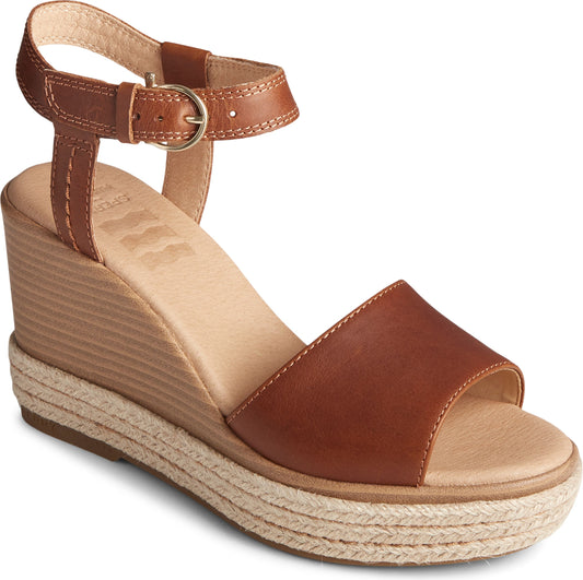 Brown leather wedge sandal with ankle strap and espadrille platform.