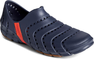 Navy blue water shoe with perforation design and a red detail on the side.