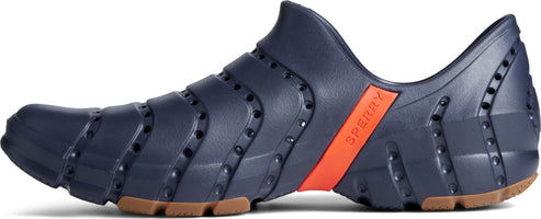 Navy and orange slip-on shoe with breathable holes.