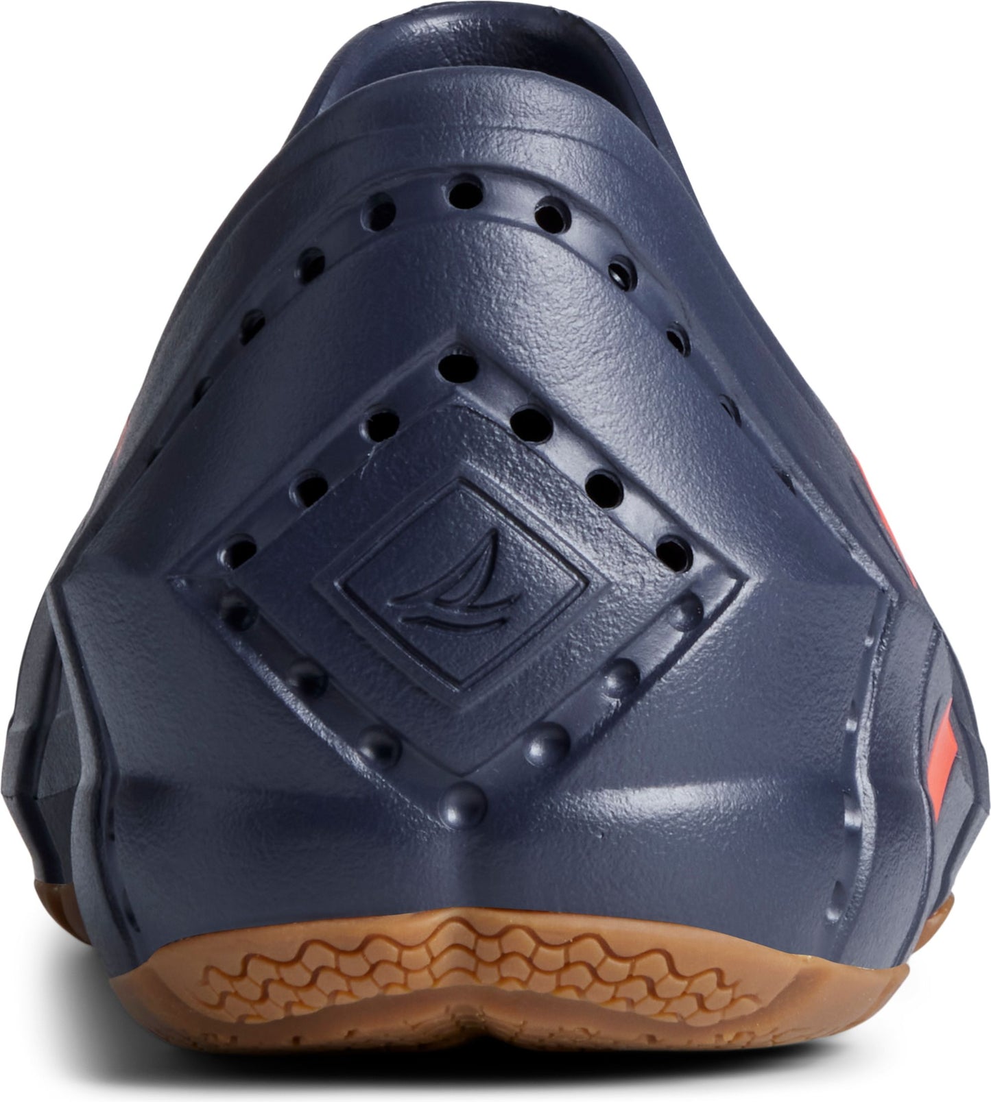 Navy blue rubber slip-on shoe featuring diamond pattern and a brown sole.