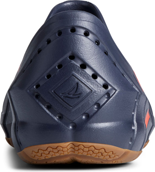 Navy blue rubber slip-on shoe featuring diamond pattern and a brown sole.