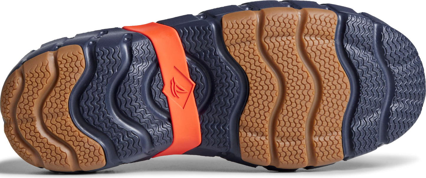 shoe sole with navy and brown wavy traction pattern and orange strap
