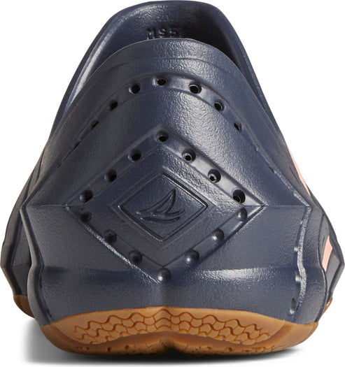 Navy blue clog style shoe with diamond shaped design on the back.