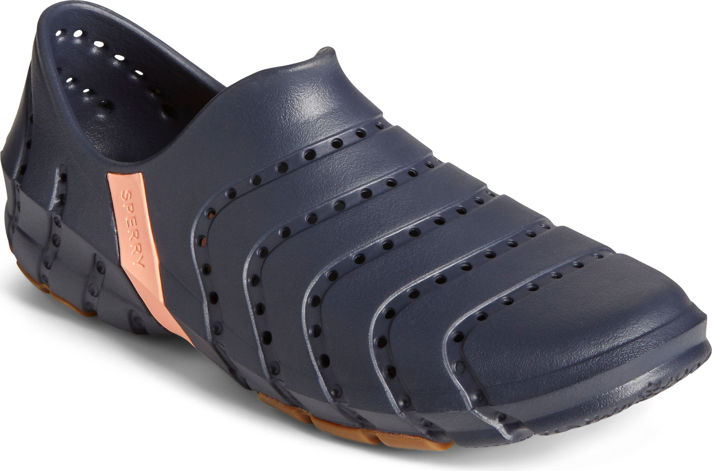 Navy clog-style shoe with ventilation holes and pink accent.