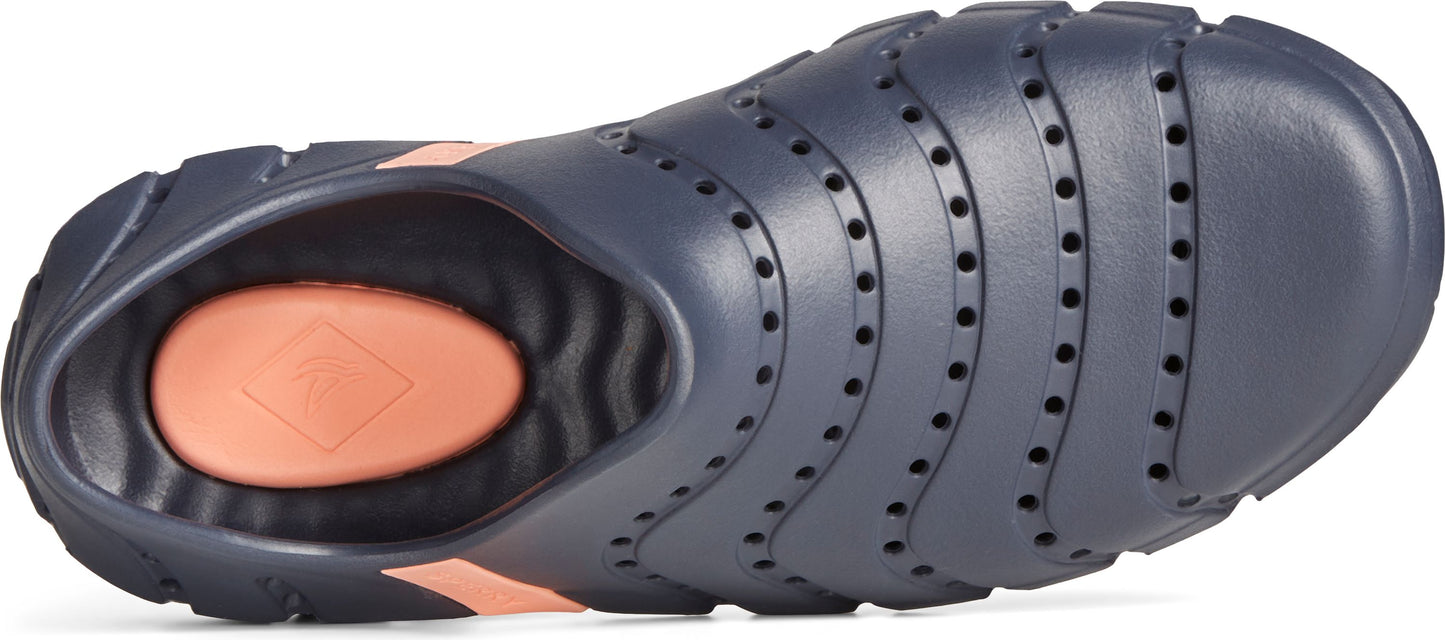 Navy blue clog with perforated detailing and salmon-colored insole.