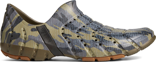 Camo patterned slip-on shoe with holes.