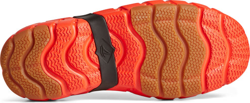 A textured sole with wavy brown lines and a black strap.