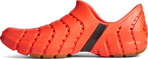 Orange slip-on shoe with striped pattern.