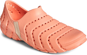 Coral colored, molded shoe with many holes and sperry logo.