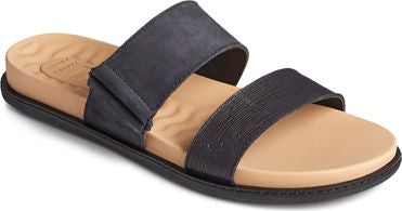 Black slide sandals with two straps and tan footbed.