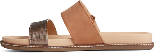 A sandal with bronze and tan straps.