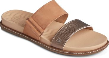Two-strap slide sandal with a tan upper strap and a bronze lower strap.
