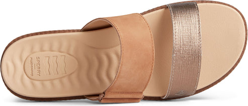 A pair of two-strap slides with a tan leather strap and a gold-colored strap.
