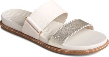 White sandal with one wide strap and one gold, metallic-looking strap.