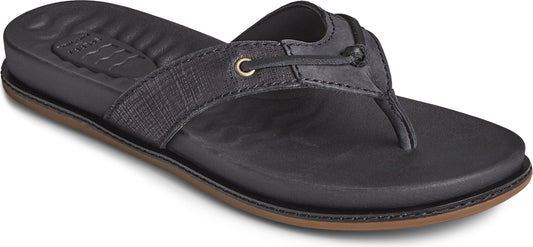 A black flip-flop with a brown sole.