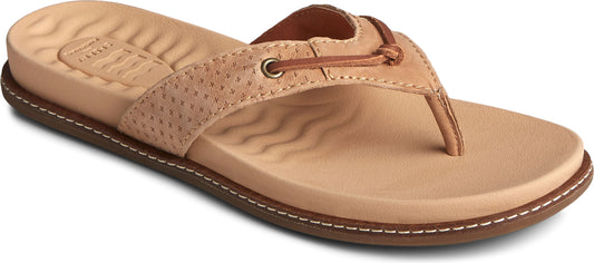 A tan flip-flop sandal with a leather strap and a brown sole.
