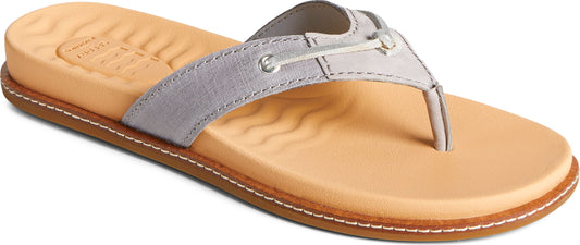 A gray thong sandal with a tan footbed and brown trim.