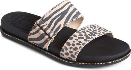 Sandals with zebra and leopard print straps.
