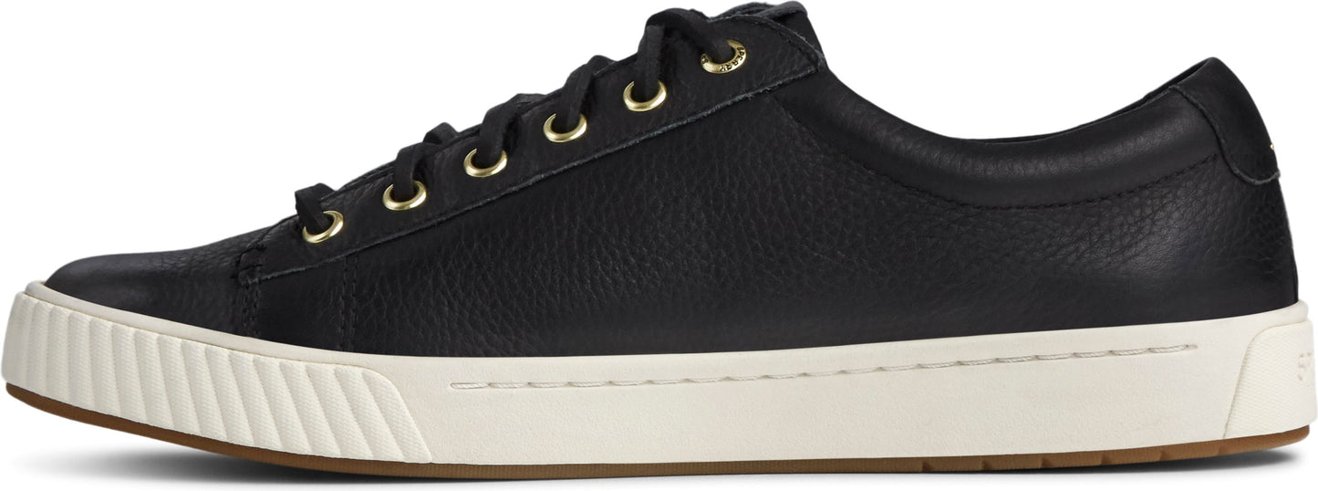 A low-profile black sneaker with gold eyelets and a white rubber sole.