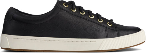 Black leather sneaker with white sole.