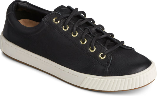 Black leather sneaker with gold eyelets and white sole.