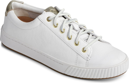 White leather sneaker with gold accents and white laces.