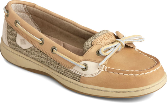 Tan leather boat shoe with off-white laces and woven side panel.