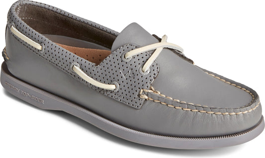 Gray boat shoe with perforated details and white laces.