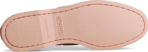 The bottom view of a light red shoe sole with red stitching and printed "NON-MARKING" and the brand's name.