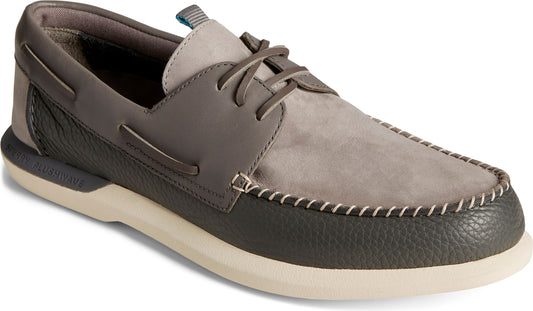 Two-tone gray boat shoe with gray leather trim and off-white sole.