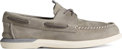 A gray moccasin-style shoe with a white sole.
