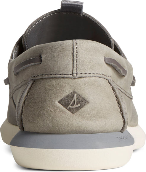 Back view of gray suede slip-on shoe with a gray and white sole.