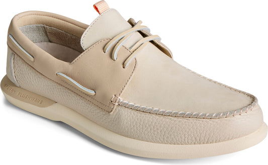 Beige boat shoe with textured toe and side, light sole, and laces.