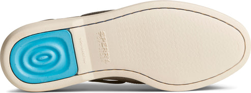 The bottom of a shoe with a blue bubble feature.