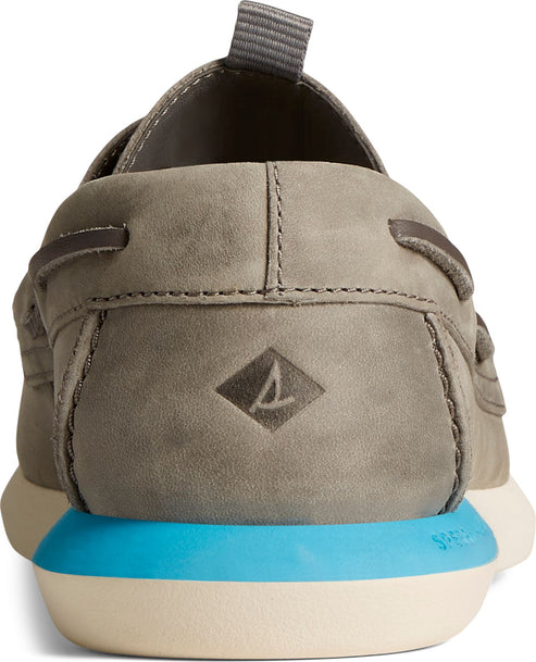Back view of a gray slip-on shoe with a blue accent on the sole and a gray pull tab.