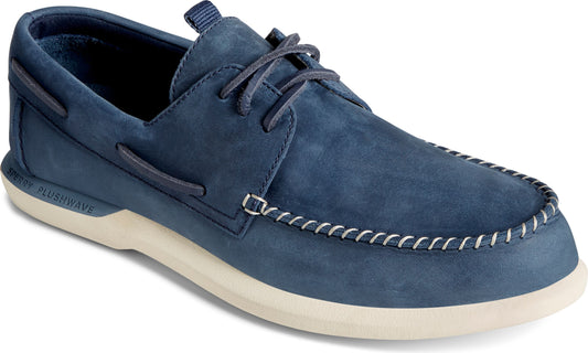 Blue nubuck boat shoe with white sole and white stitching.
