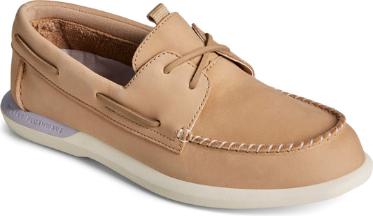 Tan boat shoe with white sole and white stitching around the toe.