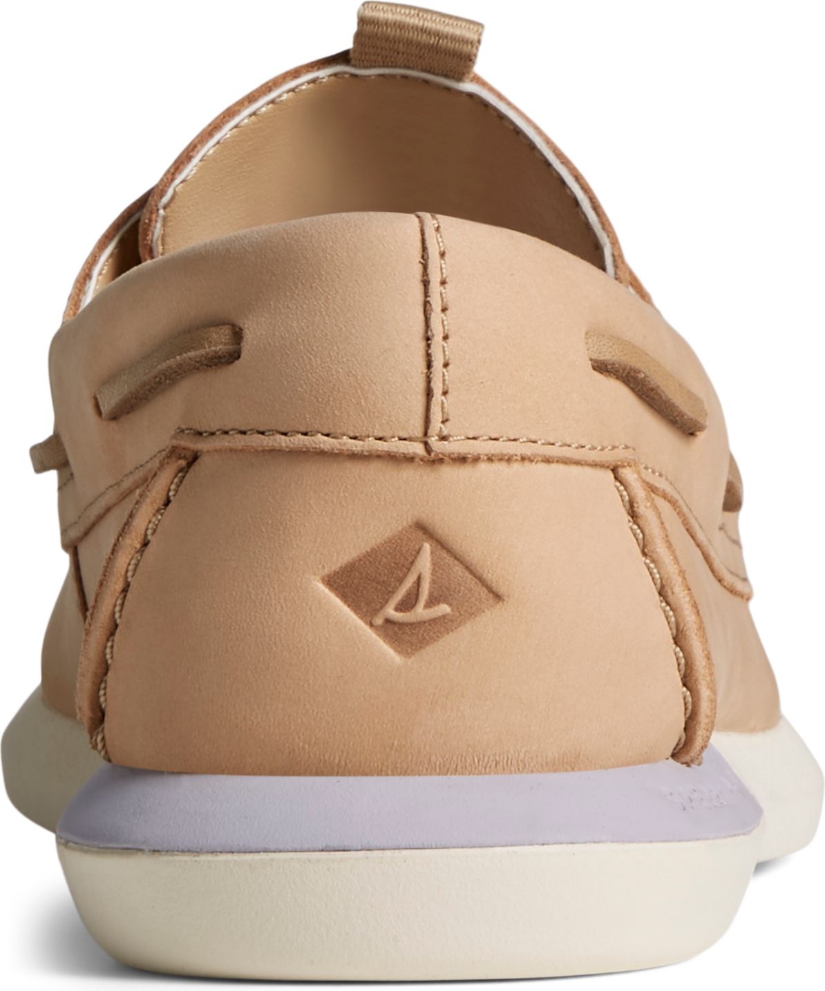 Tan leather boat shoe with logo on the heel and a white and light purple sole.