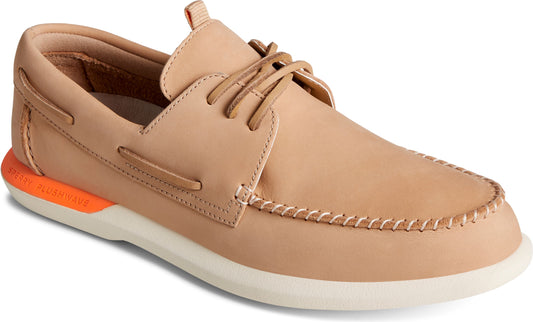 Tan boat shoe with white stitching and sole, plus orange heel.