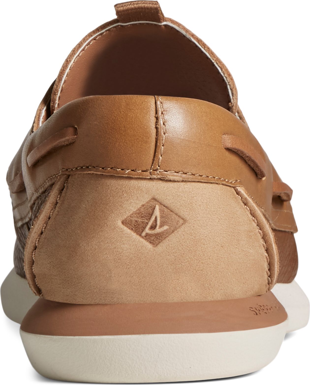 Tan boat shoes with a tan leather heel.