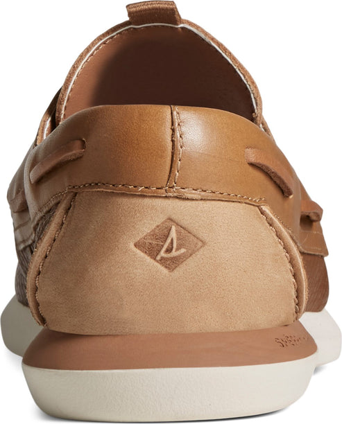 Tan boat shoes with a tan leather heel.
