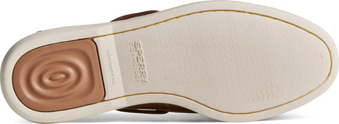 The underside of a shoe displays its non-marking sole with a circular wave tread and the brand's logo visible on the side.