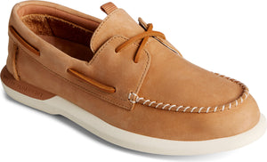 Tan leather boat shoe with a white sole.