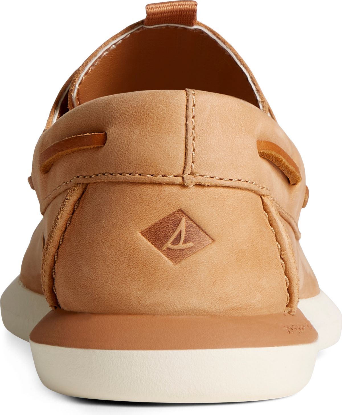 Back view of a tan boat shoe with a white sole and raised logo.