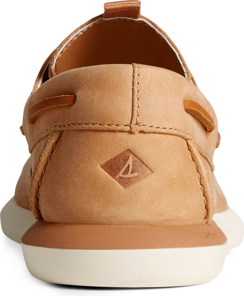 Back view of a tan boat shoe with a white sole and raised logo.
