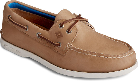 Tan leather boat shoe with rawhide laces and white sole.