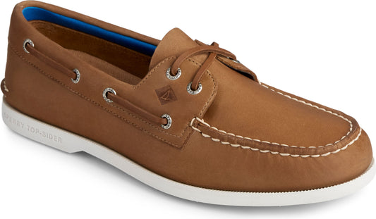 Brown leather boat shoe with white sole and blue lining.