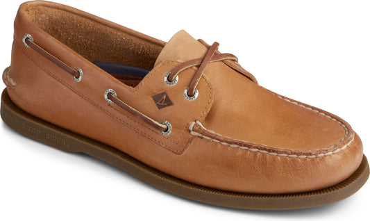 Leather boat shoe with brown laces and silver grommets.