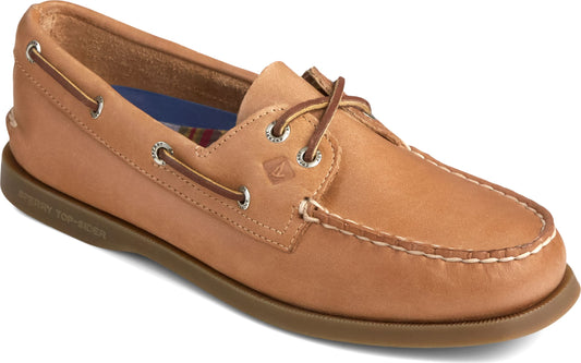 Tan leather boat shoe with brown laces.